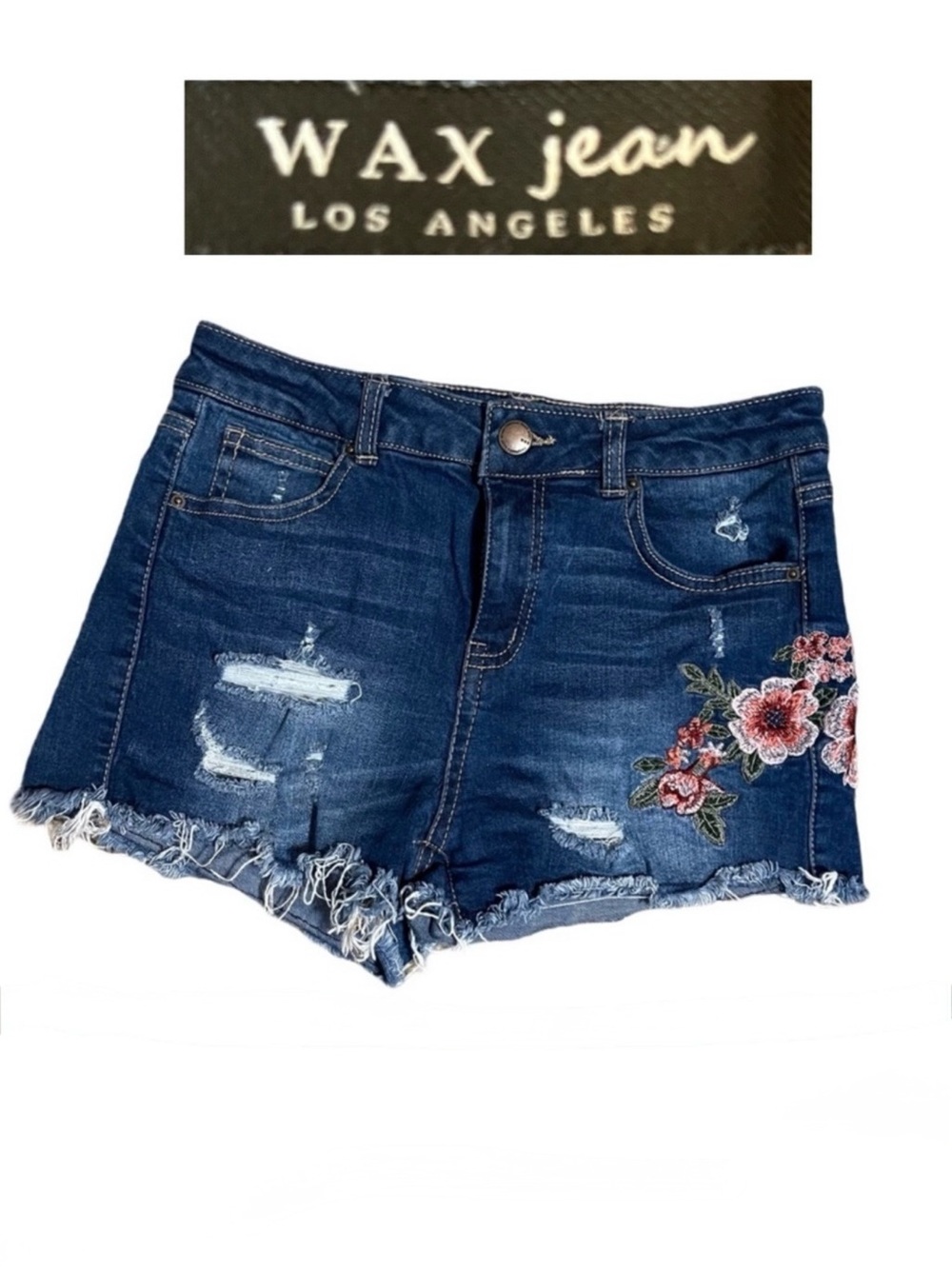 Wax Jean Floral Embroidered Denim Cutoff Shorts Womens Small Dark Wash Boho